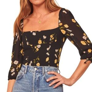 Reformation Grove Square Neck Half Sleeve Black and Yellow Floral Top Size 0